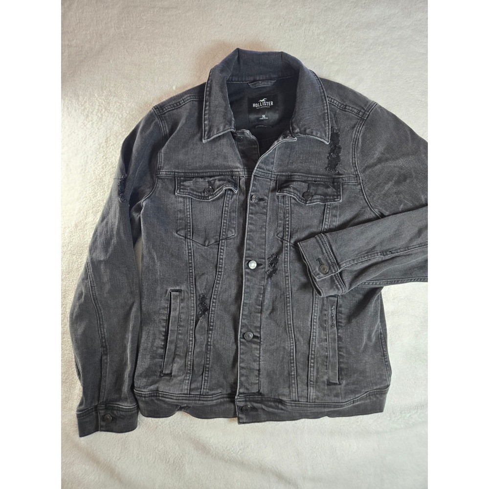 Hollister Epic Flex Mens XL Distressed Denim Trucker Jacket Washed Black Stretch